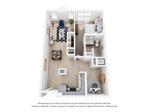 Floor plan for 1 bed, 1 bath, 730 sqft